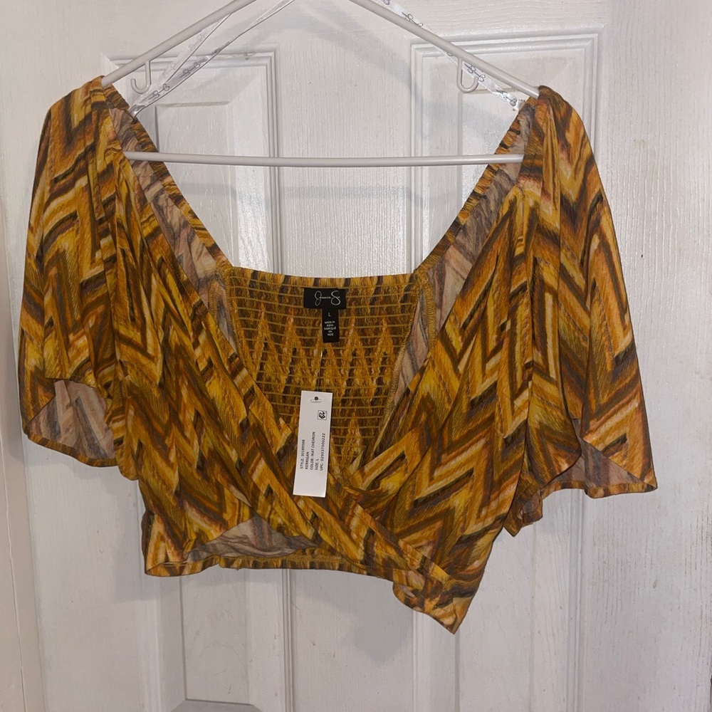 Jessica Simpson Brown and Yellow Flutter Sleeve Crop Blouse